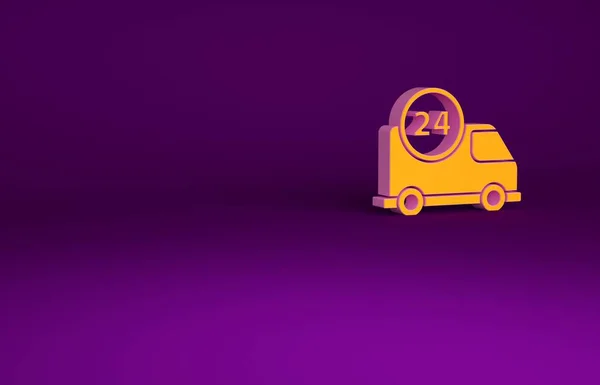 Orange Fast putaran pengiriman jam dengan ikon mobil terisolasi pada latar belakang ungu. Konsep minimalisme. Tampilan 3D ilustrasi 3d — Stok Foto