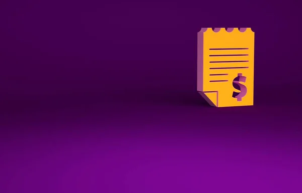Papel naranja o icono de verificación financiera aislado sobre fondo púrpura. Comprobación de impresión de papel, recibo de la tienda o factura. Concepto minimalista. 3D ilustración 3D render — Foto de Stock