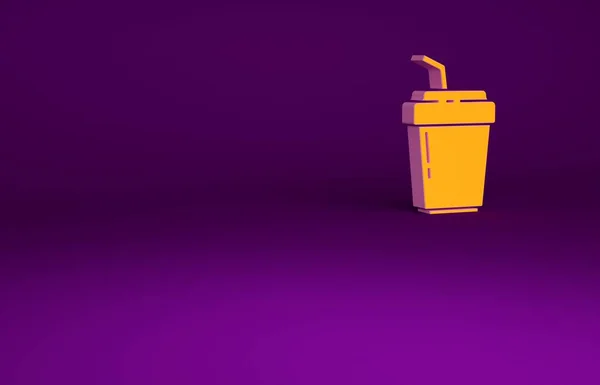 오렌지 커피 컵은 보라색 배경에서만 나오는 아이콘입니다. 미니멀리즘의 개념입니다. 3d 삽화 3D 렌더링 — 스톡 사진