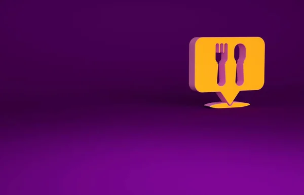 紫色の背景に隔離されたオレンジカフェとレストランの場所のアイコン。ポイント内のフォークとスプーンの食事の看板。最小限の概念。3Dイラスト3Dレンダリング. — ストック写真