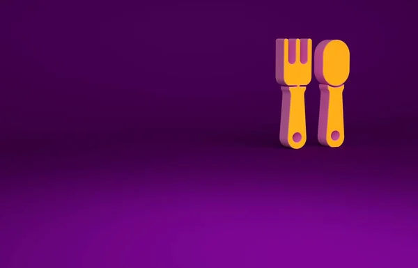 オレンジ色のフォークとスプーンのアイコンが紫色の背景に隔離されています。調理器具。かわいいサインだ。最小限の概念。3Dイラスト3Dレンダリング — ストック写真