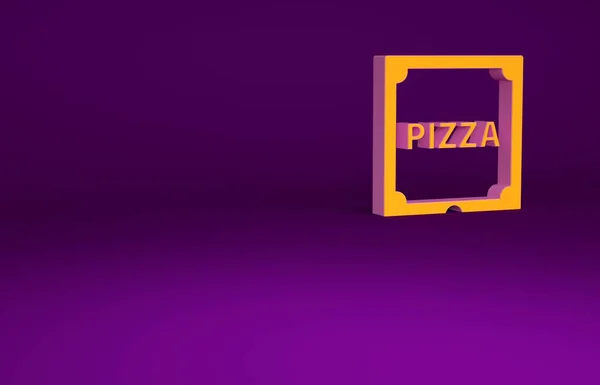 Pizza laranja no ícone da caixa de papelão isolado no fundo roxo. Caixa com elementos de layout. Conceito de minimalismo. 3D ilustração 3D render — Fotografia de Stock