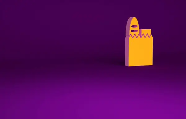 Narancs Papír bevásárló táska és élelmiszer ikon elszigetelt lila háttér. Élelmiszerbolt, szupermarket. Minimalizmus koncepció. 3d illusztráció 3D render — Stock Fotó