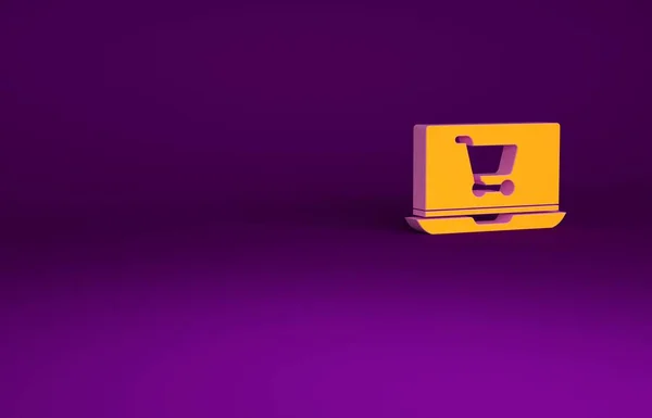 Arancione carrello sullo schermo icona del computer portatile isolato su sfondo viola. Concetto e-commerce, e-business, marketing aziendale online. Concetto minimalista. Illustrazione 3d rendering 3D — Foto Stock