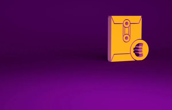 Narancssárga boríték lila alapon elszigetelt euro-szimbólum ikonnal. Fizetésemelés, bérszámfejtés, kompenzációs jövedelem. Minimalizmus koncepció. 3d illusztráció 3D render — Stock Fotó