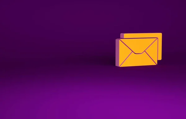 Icono de sobre naranja aislado sobre fondo morado. Mensaje de correo electrónico símbolo de letra. Concepto minimalista. 3D ilustración 3D render — Foto de Stock