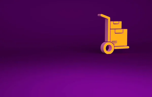 Orange Hand truck en dozen pictogram geïsoleerd op paarse achtergrond. Dolly symbool. Minimalisme concept. 3d illustratie 3D renderen — Stockfoto