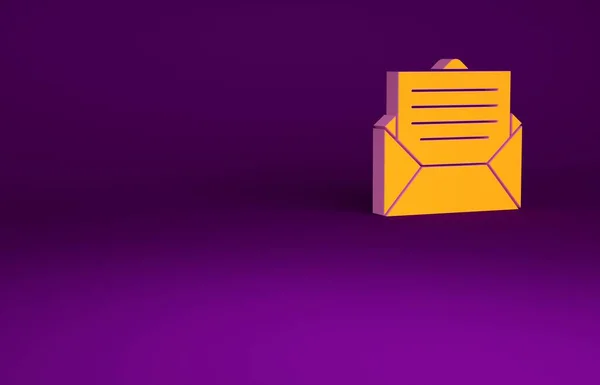 Ícone de envelope laranja isolado no fundo roxo. Símbolo da letra da mensagem de email. Conceito de minimalismo. 3D ilustração 3D render — Fotografia de Stock