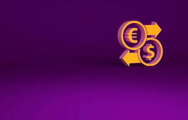 Icono de intercambio de dinero naranja aislado sobre fondo púrpura. Euro y dólar símbolo de transferencia de efectivo. Signo de moneda bancaria. Concepto minimalista. 3D ilustración 3D render —  Fotos de Stock