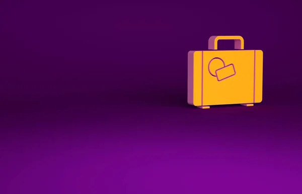 Pomarańczowa walizka na ikonę podróży izolowana na fioletowym tle. Podróżujący znak bagażu. Ikona bagażu podróżnych. Koncepcja minimalizmu. Ilustracja 3D 3D renderowania — Zdjęcie stockowe