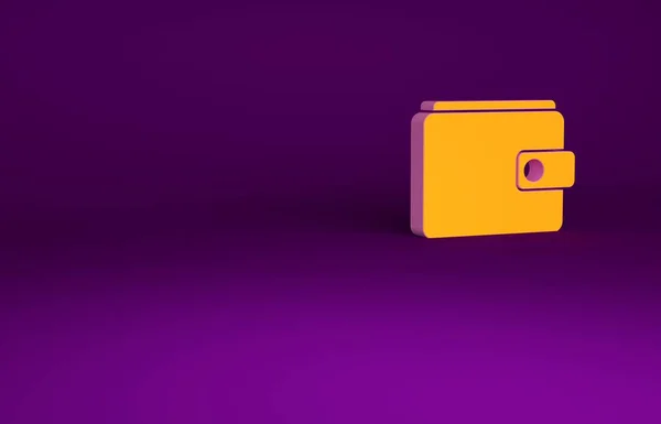 Monedero naranja icono aislado sobre fondo púrpura. Icono del bolso. Símbolo de ahorro. Concepto minimalista. 3D ilustración 3D render — Foto de Stock