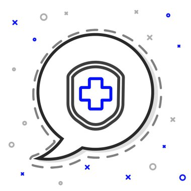 Beyaz zemin üzerinde çapraz simge olan çizgi tıbbi kalkanı. Koruma, güvenlik, şifre güvenliği. Renkli taslak konsepti. Vektör İllüstrasyonu.