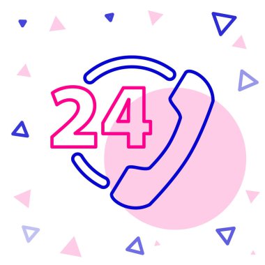 Hat Telefonu, beyaz arkaplanda 24 saatlik destek ikonu izole edildi. Tüm gün müşteri destek merkezi. Tam zamanlı çağrı servisi. Renkli taslak konsepti. Vektör İllüstrasyonu.