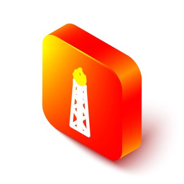 Beyaz arka planda izole edilmiş ateş ikonu olan Isome hattı petrol platformu. Gaz kulesi. Endüstriyel nesne Turuncu kare düğme. Vektör İllüstrasyonu.