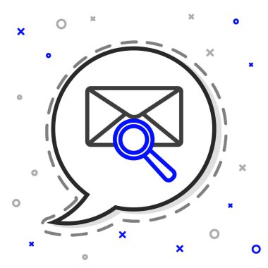 Beyaz arkaplanda izole edilmiş büyüteç simgesi içeren satır zarfları. Renkli taslak konsepti. Vektör İllüstrasyonu.