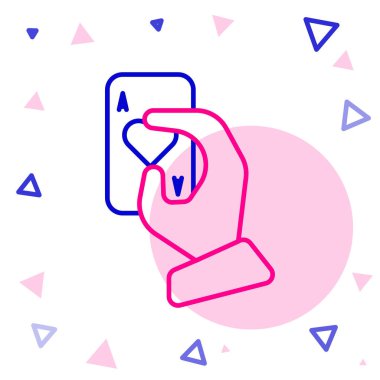 Çizgi El, beyaz arkaplanda iskambil kâğıdı simgesi tutuyor. Kumarhane oyun tasarımı. Renkli taslak konsepti. Vektör İllüstrasyonu.