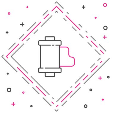 Çizgi Kamera klasik film rulo kartuş simgesi beyaz arkaplanda izole edildi. 35 mm 'lik film kutusu. Film şeridi fotoğrafçı ekipmanı. Renkli taslak konsepti. Vektör İllüstrasyonu.