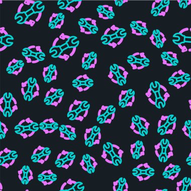 Çalışma akışı simgesi olarak çizgi anahtarı ve oklar siyah arkaplanda izole edilmiş pürüzsüz desen. Ayarlama, servis, ayar, bakım, onarım, onarım. Vektör İllüstrasyonu.