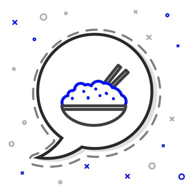 Çubuk ikonu beyaz arka planda izole edilmiş bir kasede çizgi pilavı. Geleneksel Asya yemekleri. Renkli taslak konsepti. Vektör İllüstrasyonu.