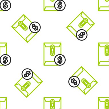 Bozuk para sembollü çizgi zarfı beyaz arka planda izole edilmiş kusursuz desen. Maaş zammı, maaş bordrosu, tazminat geliri. Vektör İllüstrasyonu.