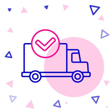 Beyaz arkaplanda işaret simgesi olan çizgi teslimat kamyonu izole edildi. Renkli taslak konsepti. Vektör İllüstrasyonu.