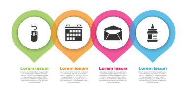 Bilgisayar faresi, Takvim, Zarf ve Yapıştırıcı 'yı ayarla. Ticari bilgi şablonu. Vektör.