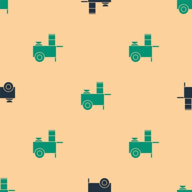 Yeşil ve siyah Fast sokak yemek arabası ikonu bej arka planda izole edilmiş pürüzsüz desen. Şehir büfesi. Vektör İllüstrasyonu.