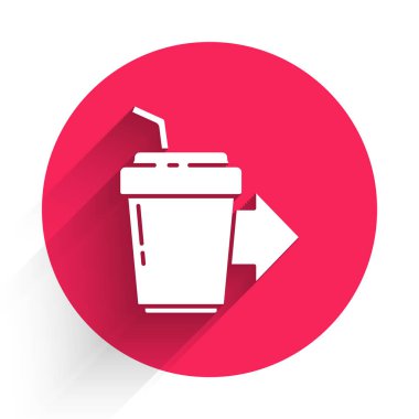 Beyaz kahve fincanı uzun gölgeli bir ikona dönüşecek. Kırmızı daire düğmesi. Vektör İllüstrasyonu.