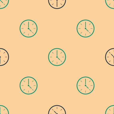 Yeşil ve siyah saat simgesi, bej arkaplandaki kusursuz deseni izole etti. Zaman sembolü. Vektör İllüstrasyonu.