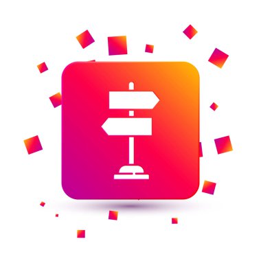 Beyaz Yol trafik tabelası. Beyaz arkaplanda sinyal simgesi izole edildi. İşaretçi sembolü. İzole sokak bilgi levhası. Yön tabelası. Kare renk düğmesi. Vektör İllüstrasyonu.