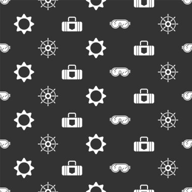 Kayak gözlüklerini, gemi direksiyonunu, güneş ve bavulu pürüzsüz düzene sok. Vektör.