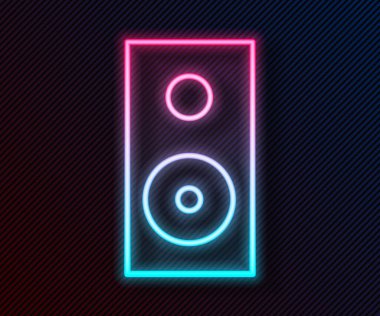 Parlayan neon hattı Stereo hoparlör simgesi siyah arkaplanda izole edildi. Ses sistemi hoparlörleri. Müzik ikonu. Müzikal sütun hoparlörü. Vektör İllüstrasyonu.