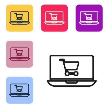 Ekran dizüstü bilgisayarındaki siyah çizgi alışveriş arabası beyaz arka planda izole edilmiş. Konsept e-ticaret, e-ticaret, online iş pazarlama. Renkli kare düğmelerle simgeleri ayarla. Vektör İllüstrasyonu.