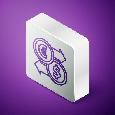 Isometric satır Para değişim simgesi mor arka planda izole. Euro ve Dolar para transferi sembolü. Bankacılık işareti. Gümüş kare düğme. Vektör İllüstrasyonu.