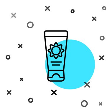 Beyaz arkaplanda izole edilmiş siyah çizgi güneş kremi ikonu. Cilt için güneş ultraviyole ışığından koruma. Rastgele dinamik şekiller. Vektör İllüstrasyonu.