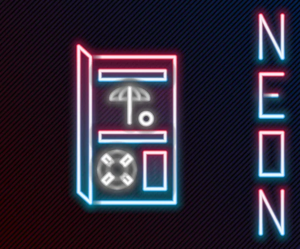 Glödande Neon Line Resebroschyr Ikon Isolerad Svart Bakgrund Färgstarkt Skisskoncept — Stock vektor