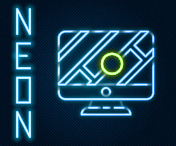 Línea Neón Brillante Monitor Computadora Mapa Plegado Con Icono Marcador — Archivo Imágenes Vectoriales