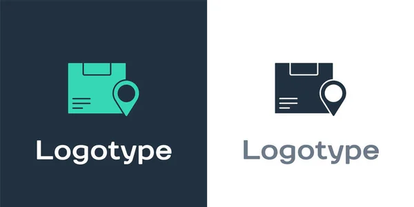 Logotype Locatie Met Kartonnen Doos Pictogram Geïsoleerd Witte Achtergrond Leveringsdiensten — Stockvector