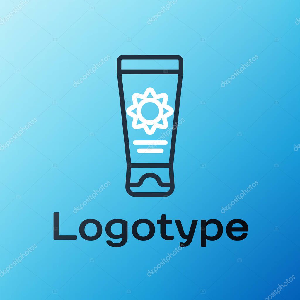 Line Sunscreen cream in tube icon isolated on blue background. Protection for the skin from solar ultraviolet light. Colorful outline concept. Vector Illustration.