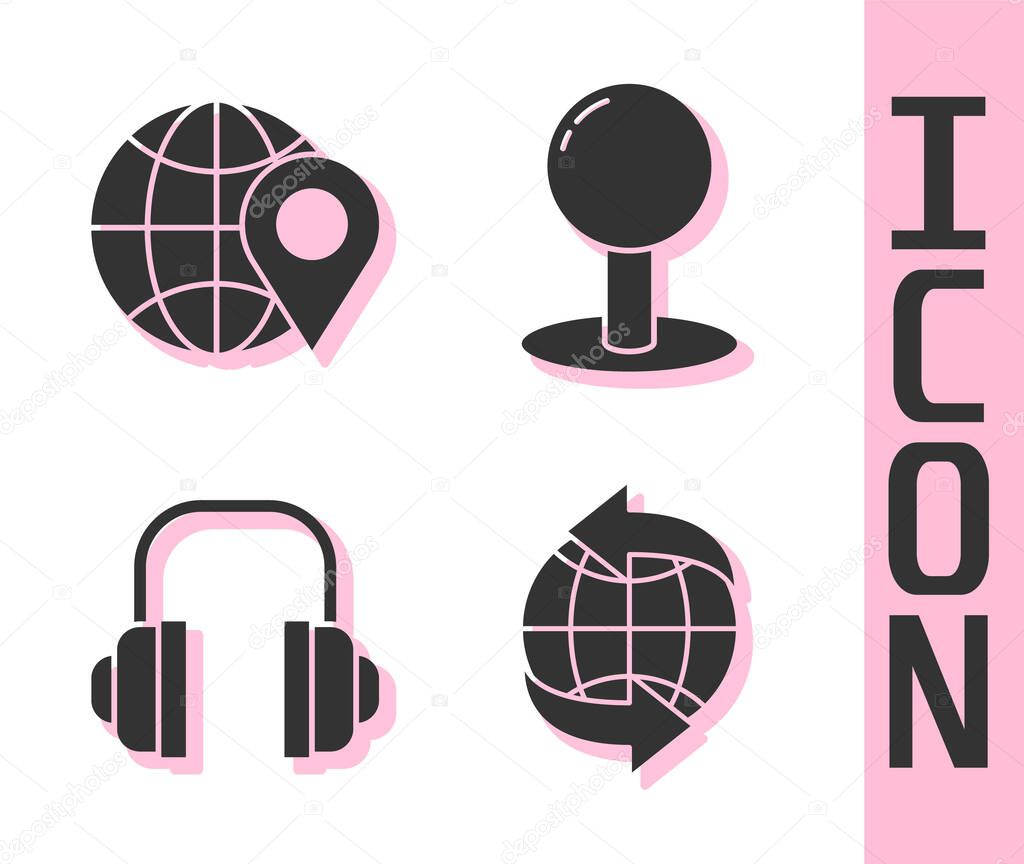 Set Worldwide, Location on the globe, Headphones and Push pin icon. Vector.