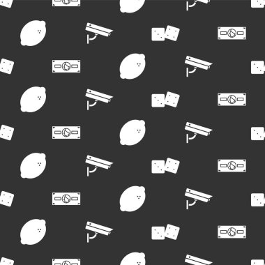 Oyun zarlarını, kağıt paraları, limonlu kumarhane kumar makinelerini ve güvenlik kameralarını kusursuz bir şekilde ayarla. Vektör.