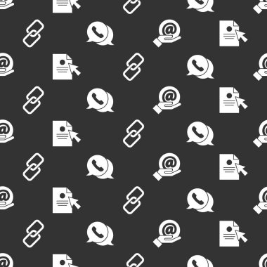 E- posta ve e-postayı, Belge ve imleci, Konuşma baloncuğu sohbetli zincir linki ve telefonu pürüzsüz desen üzerine ayarla. Vektör.