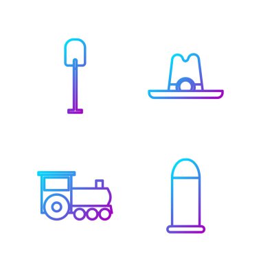 Mermi hattı, Retro tren, Kürek ve kovboy şapkası. Renk simgeleri. Vektör.