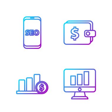 Grafik grafikli hat monitörü, turta grafiği ve dolar, cep telefonu optimizasyonu ve dolar ile cüzdan ayarla. Renk simgeleri. Vektör.