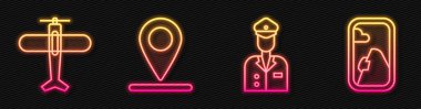 Pilot, Uçak, Konum ve Uçak penceresini ayarlayın. Parlayan neon ikonu. Vektör.