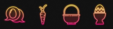 Basket, paskalya yumurtalı konuşma balonu, havuç ve Paskalya yumurtası tezgahta. Parlayan neon ikonu. Vektör.
