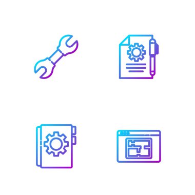 Satır Ev planını, Kullanıcı Kılavuzunu, Anahtarı ve Belge ayarlarını ve kalemi ayarla. Renk simgeleri. Vektör.