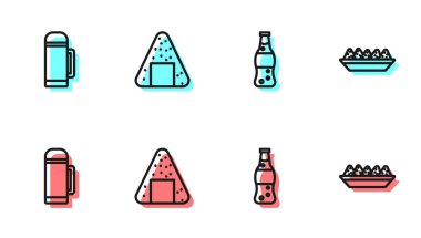 Bir şişe su, termos kabı, Onigiri ve Nachos tabağı ikonu. Vektör.