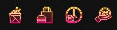 24 saat boyunca servis sırası, Asya eriştesi ve yemek çubukları, online hamburger ve saat siparişi. Parlayan neon ikonu. Vektör.