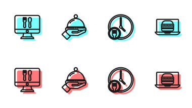 Çevrimiçi sipariş verme ve tepsi dolusu yiyecek ve hamburger ikonu ile kaplı bir hat oluştur. Vektör.